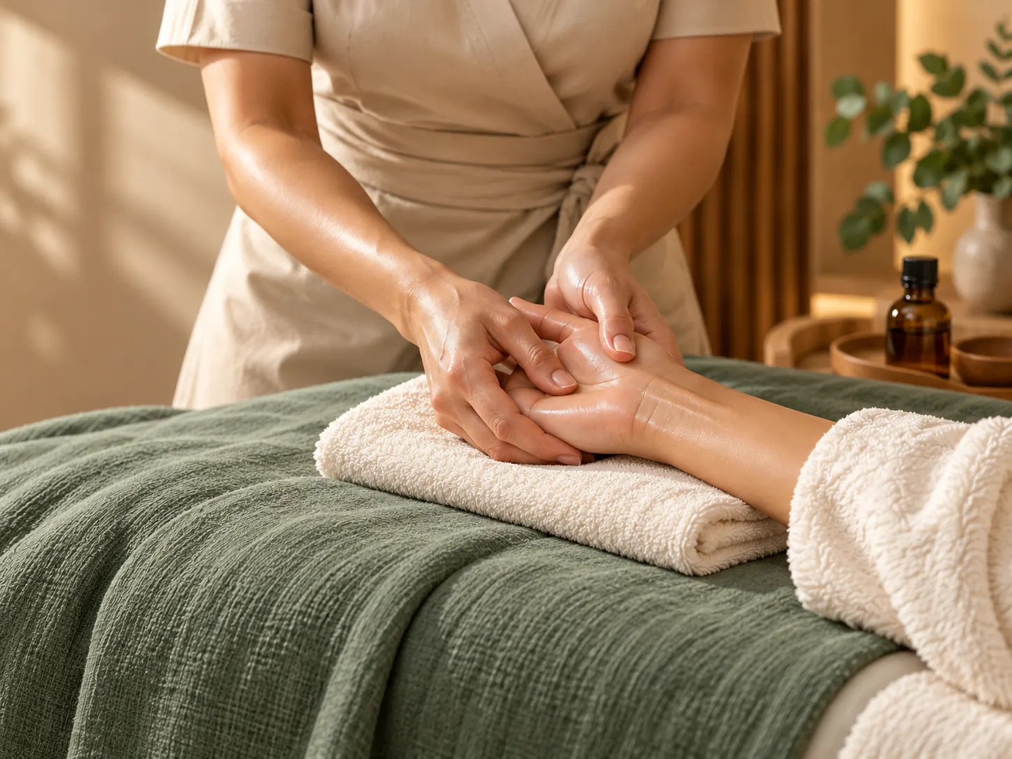 Therapist providing a relaxing hand massage in a tranquil spa